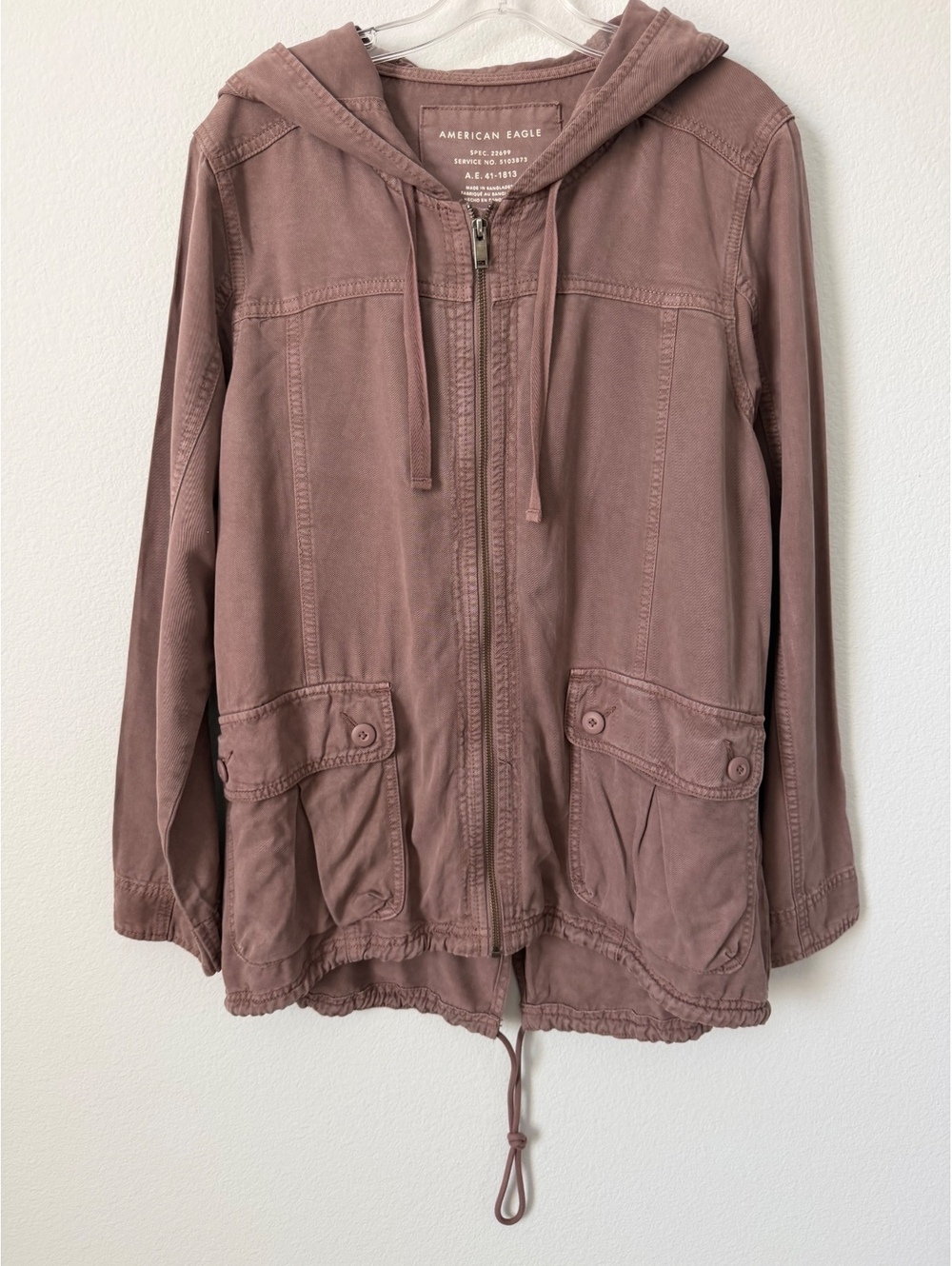 American Eagle Long Sleeve Zip Front Hooded Maune Pink Utility Jacket Size L